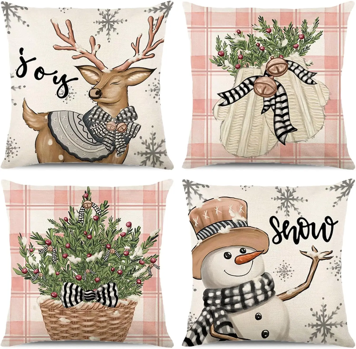 

Christmas Pillow Covers Winter Holiday Xmas Decor Reindeer Gloves Tree Snowman Joy Snow Bell Pink Buffalo Plaid Cushion Cover