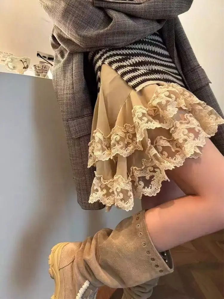 

Korean Splicing Lace Edge Short Skirt Medium and Long Skirt New Irregular Cake Skirt