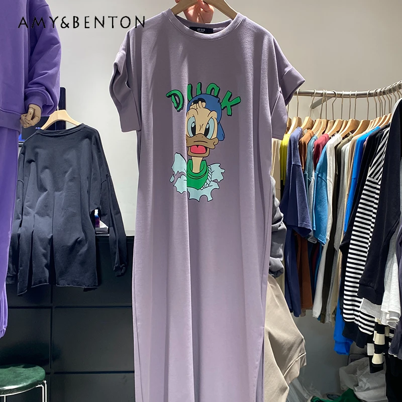 Korean Style Kawaii Vestidos Cartoon Printing Purple Short Sleeved T-shirt Women's Mid-Length 2024 Loose Figure Flattering Dress