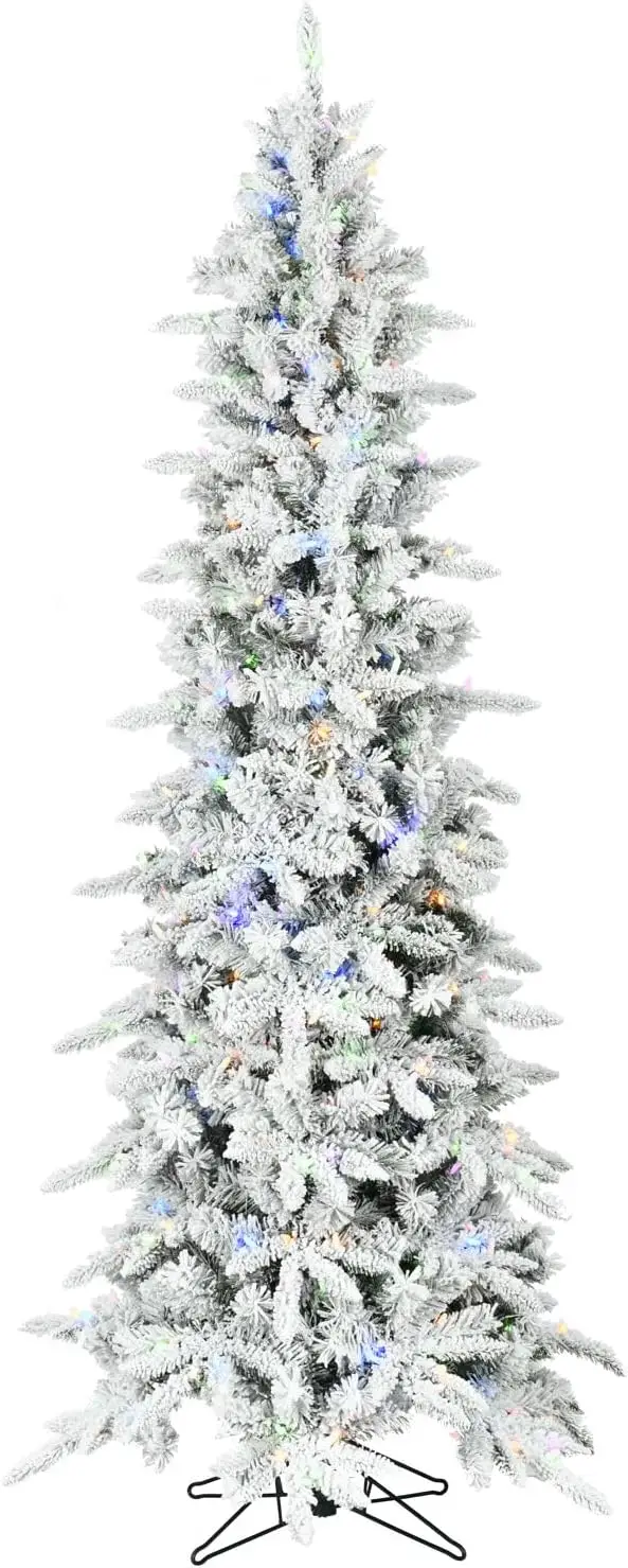 Farm 9-ft. Slim Mountain Pine Flocked Christmas Tree with Dual  & Warm White LED Lights, Snowy Artificial