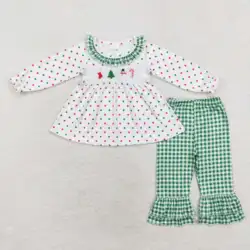 Boutique wholesale Toddler girls Christmas embroidery outfits Clothing Kids long Sleeves Sets Children green clothes hot sale