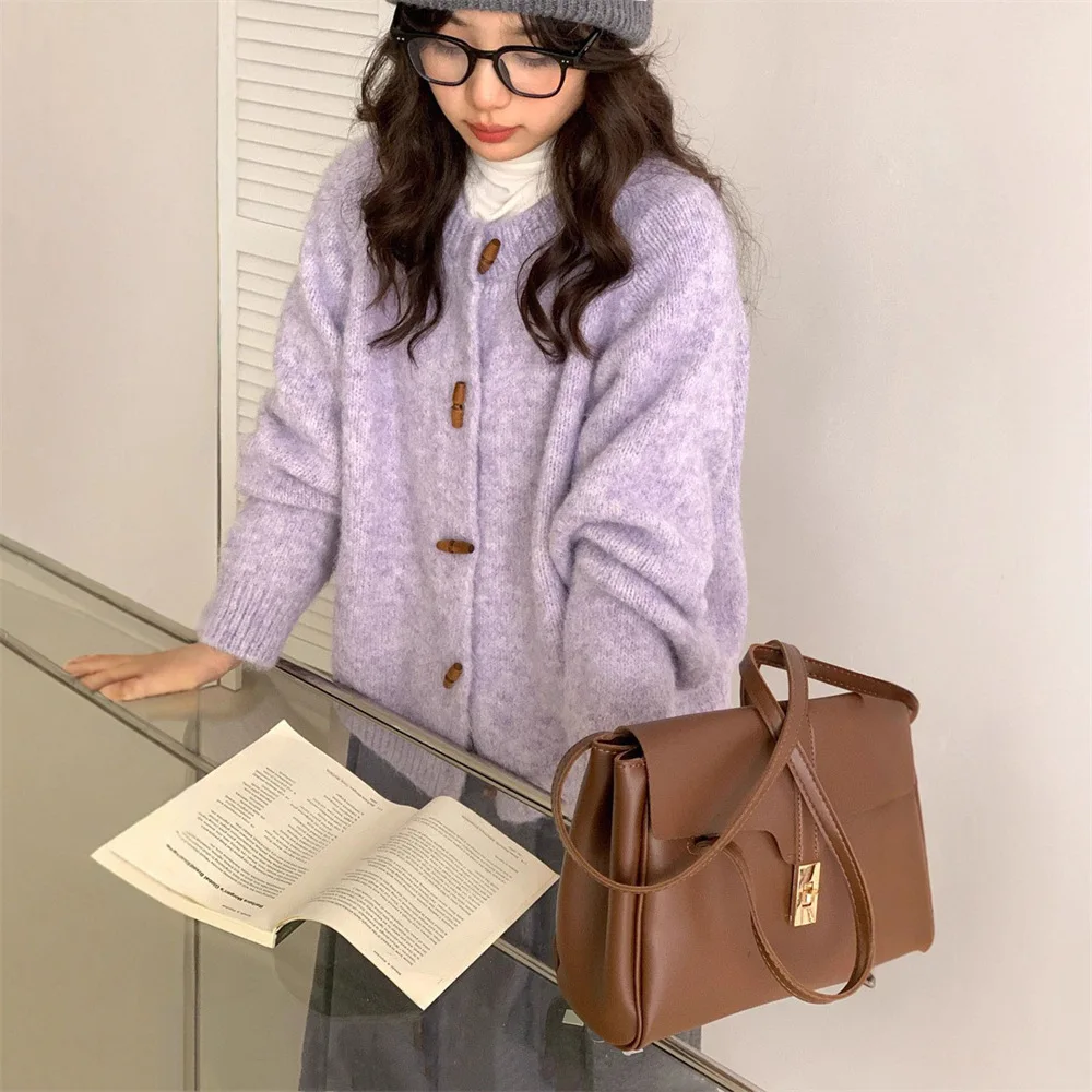 

Женский мягкий вязаный свитер с круглым вырезом, свободный кардиган в ленивом стиле, пальто, осенне-зимний топ