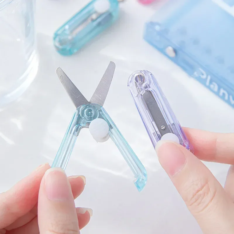 Mini Scissors Small Transparent Candy Color Fold Telescopic Stationery Scissors with Pendant Safety Scrapbook Scissors Student