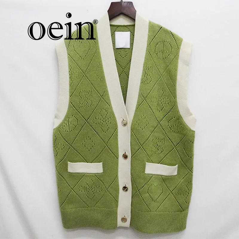 [oein] 2024  Women's Clothing Autumn New Knitted Cardigan Checkered Small Coat Sweater Coat