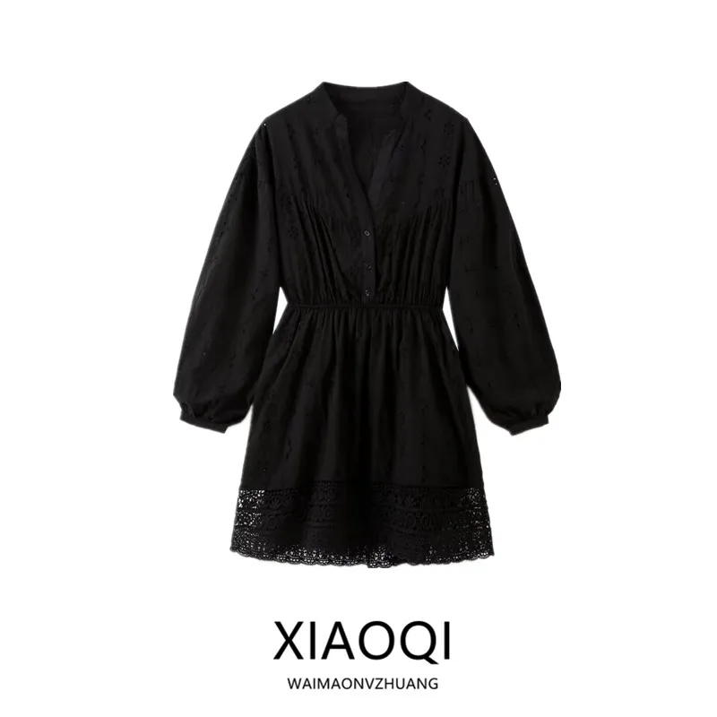 가을 겨울 신상 여성 롱 스웨터 V넥 자수 홀로우 아웃 디자인 출퇴근용 100% 기타 소재