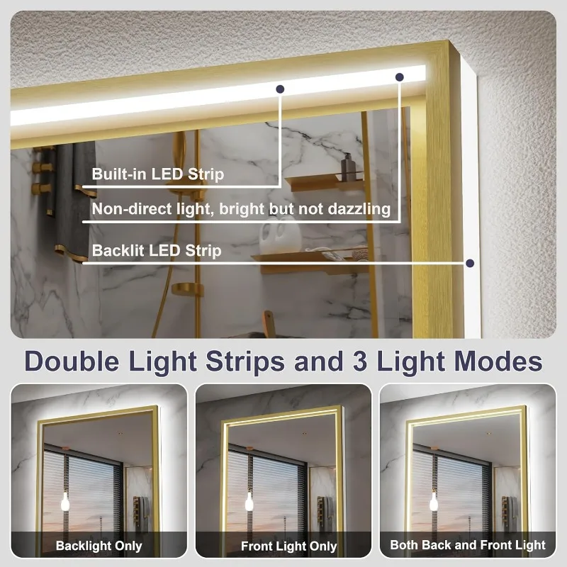 LED Bathroom Mirror, 24x36 Inch Frontlit & Backlit Gold Framed Vanity Mirror with Lights,3 Colors Temperature Dimmable Anti