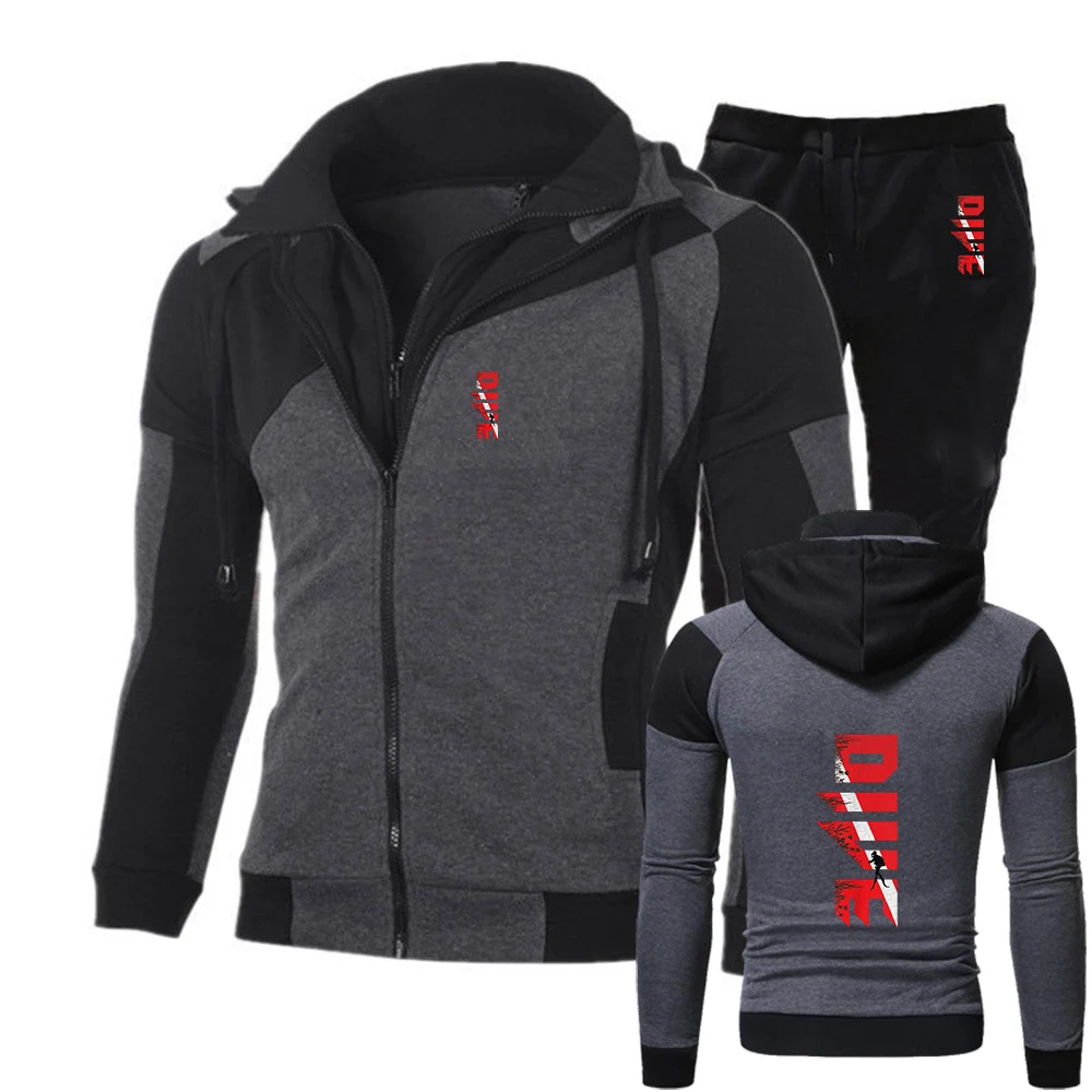 

2025 Spring Autumn Scuba Diving Diver Down Flag Print Men's Popular Splicing Hoodies + Sweatpants Casual Sports Suit