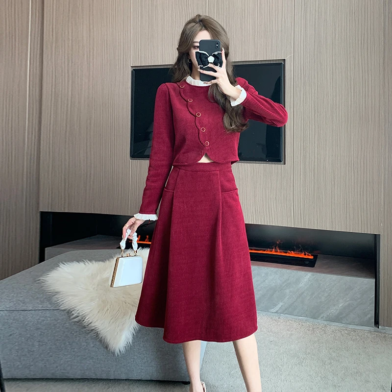 Fashion Autumn Long Sleeve Corduroy Two Piece Set For Women O Neck Chic Single Breasted Slim Short Coat + A Line Midi Skirt Suit