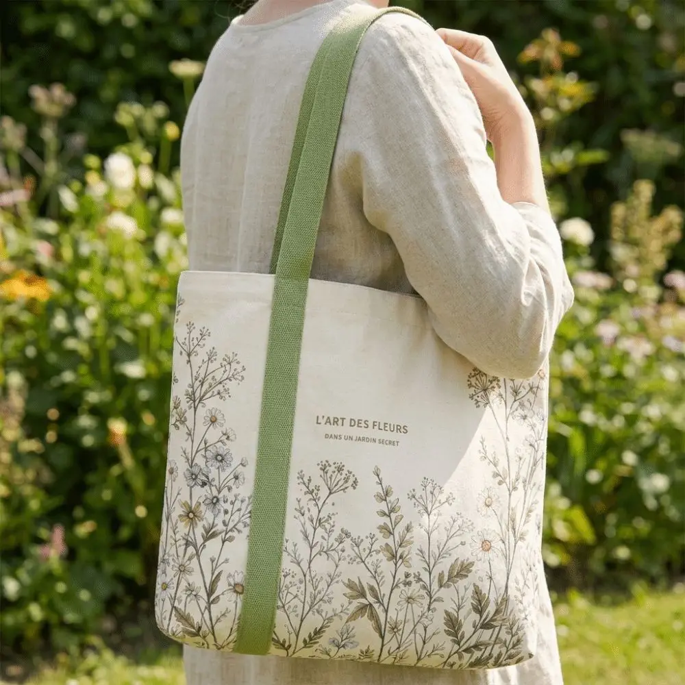 New Cotton Canvas Canvas Tote Bag Durable Lightweight Carry Bag Green Daisy Print Travel Bag Shopping Trips