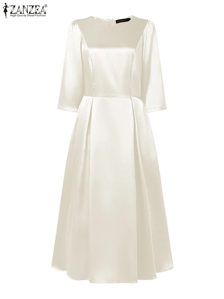เดรสซาตินสำหรับงานปาร์ตี้ ดีไซน์หรูหราทันสมัย แบรนด์ ZANZEA คอทรงโอ แขน 3/4 ทรงเข้ารูปช่วงเอว จับจีบแบบกลับด้าน ทรงเอไลน์ ความยาวปานกลาง ไซส์ S-3XL