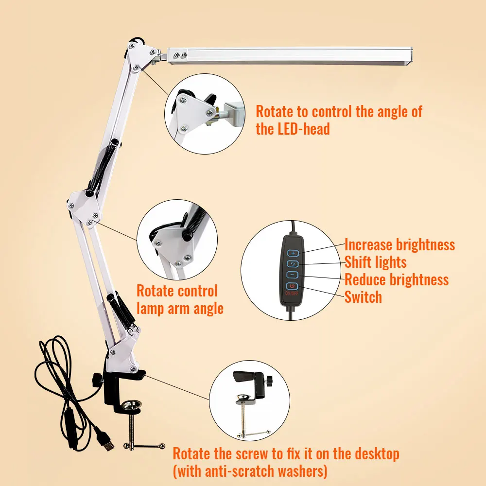 

LED long/short eyeprotecting desk lamp,American articulated arm-clip lamp,USB desk lamp,3 color temperatures,10 brightness modes
