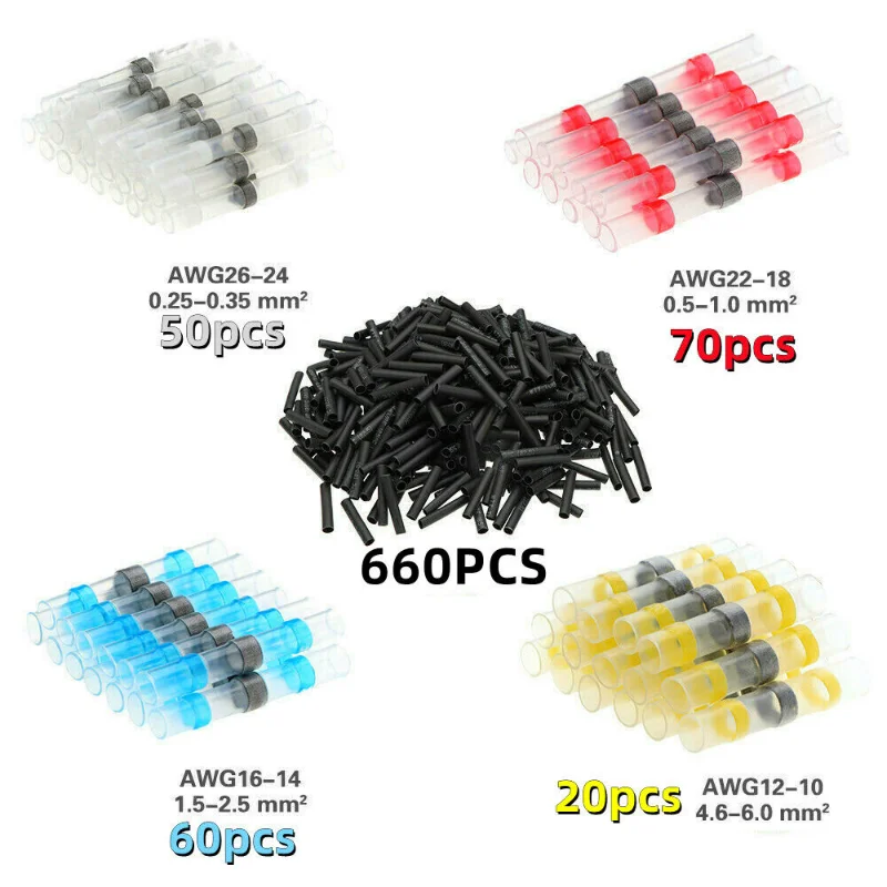860PCS Electrical Wire Connectors Heat Shrink Solder Seal Butt Terminals Kit Solder Seal Sleeve Wire Terminals Waterproof