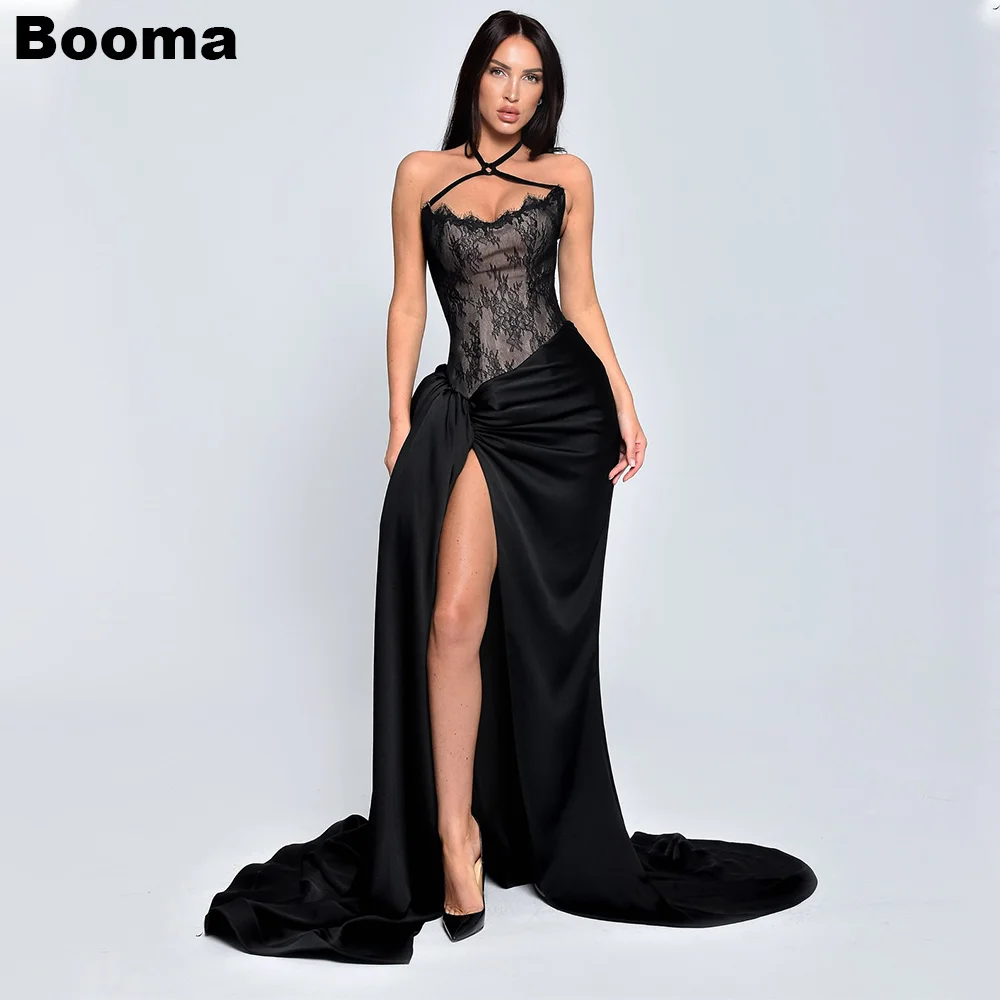 

Booma Black Elegant Mermaid Evening Dresses Sleeveless Satin Formal Party Gowns for Women High Side Slit Prom Dresses Outfits