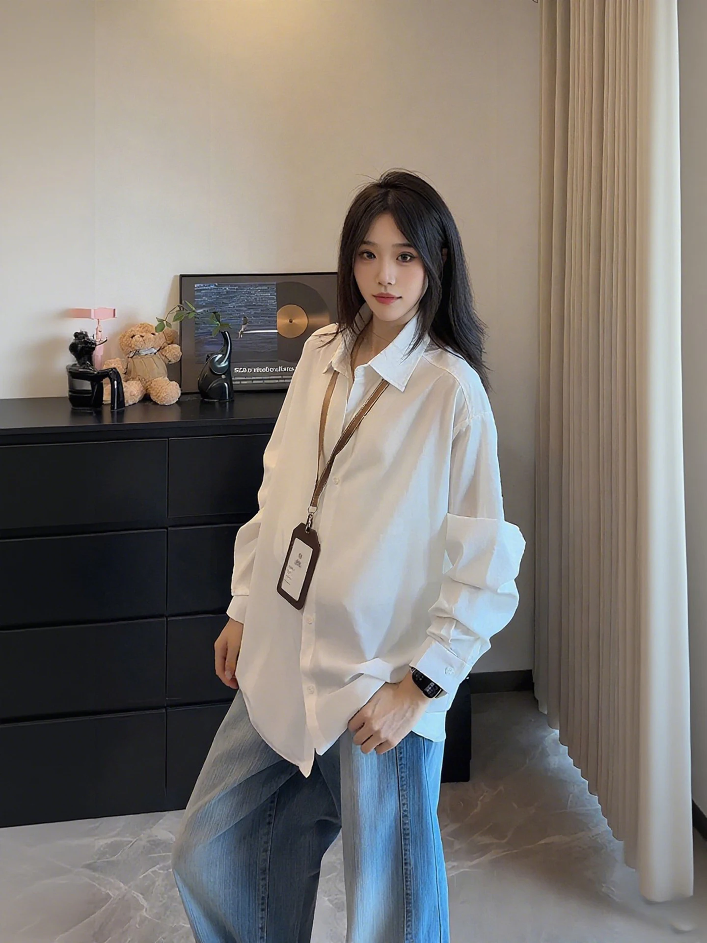 

American Sle Thin Long Sve irt Casual Loose Fit Men Women Autumn Hanging Sense Layering Lightweight Mature Feel Outerwear