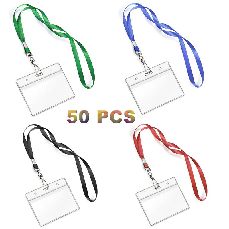 50 Pack Name Tag Lanyards with Id Holder Clear Plastic Horizontal Name Tags Holders and Badge Lanyards with ID Holder