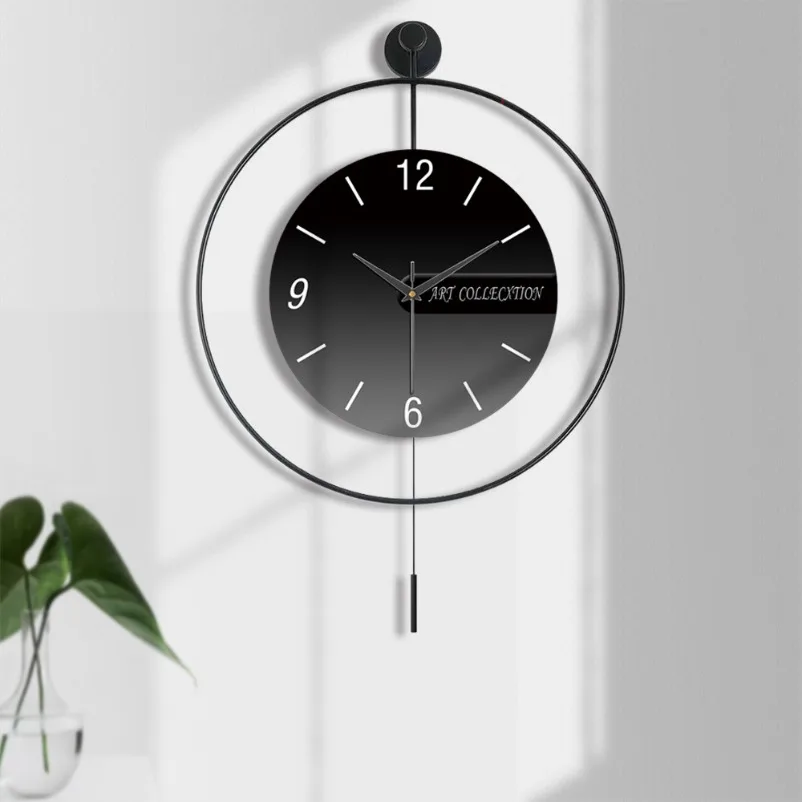Living room simple wall clock household metal swing silent light luxury clock free punching fashion clock Nordic