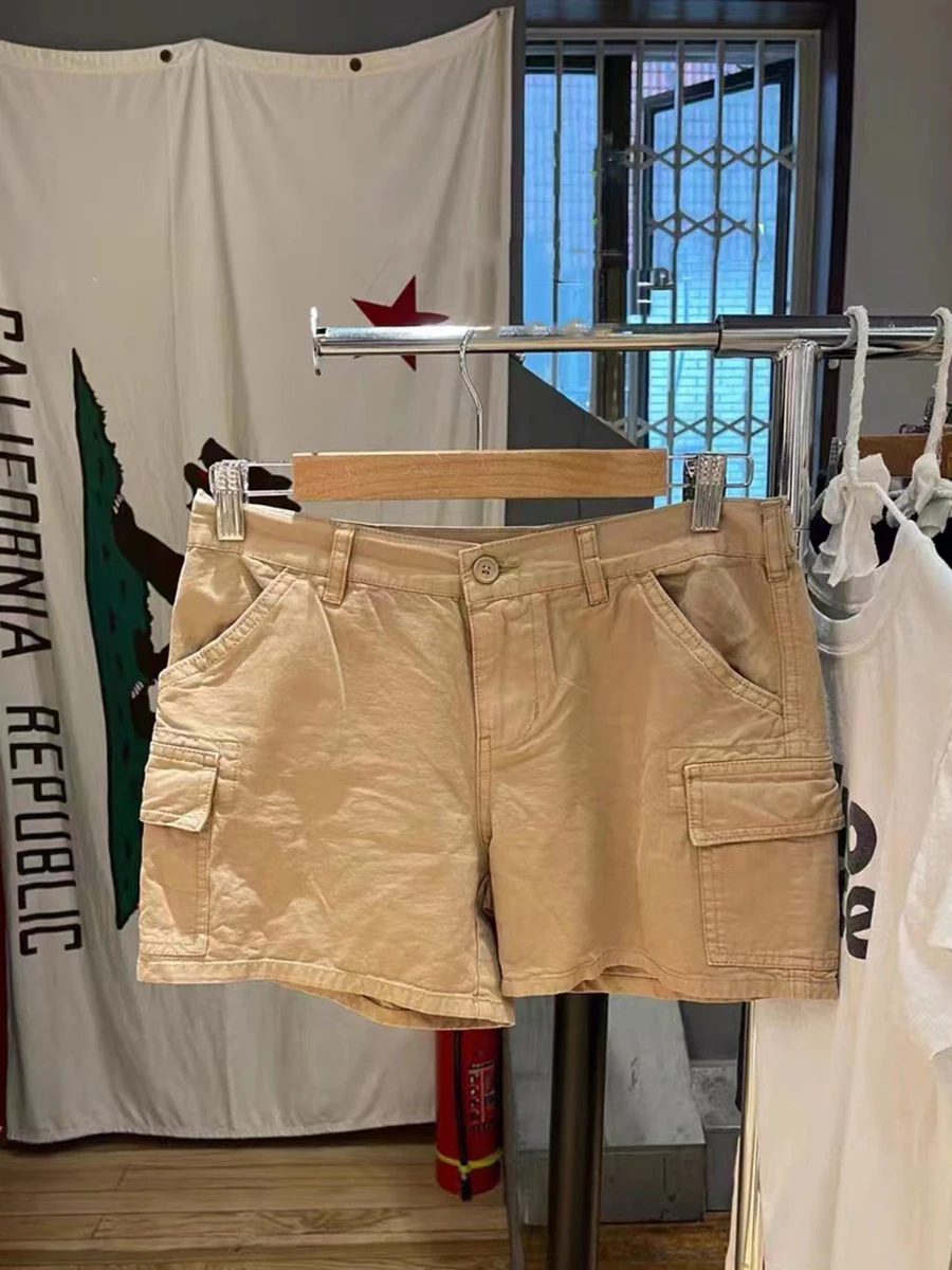 

Khaki Vintage Women's Shorts Summer Straight High Waist Short Cargo Pant Streetwear Casual Punk Retro Pants Woman Bottom 2024