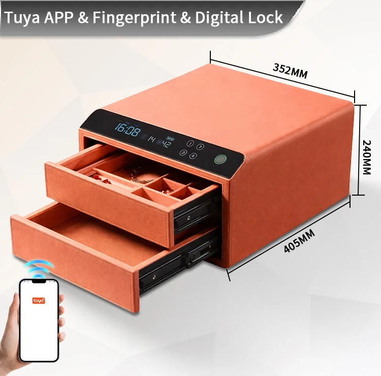 ce qsafe Smart Luxury Biometric Steel Jewelry Safe Box Smart Anti-Theft 2 Drawers with Fingerprint Recognition for Home