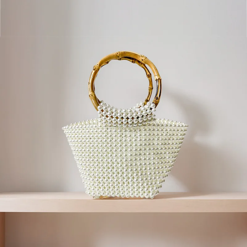 Niche Fashion High-end Bamboo Double Circle Handmade Bead Woven Pearl Handbag Banquet Bags Customizable Wholesale Women's Bag