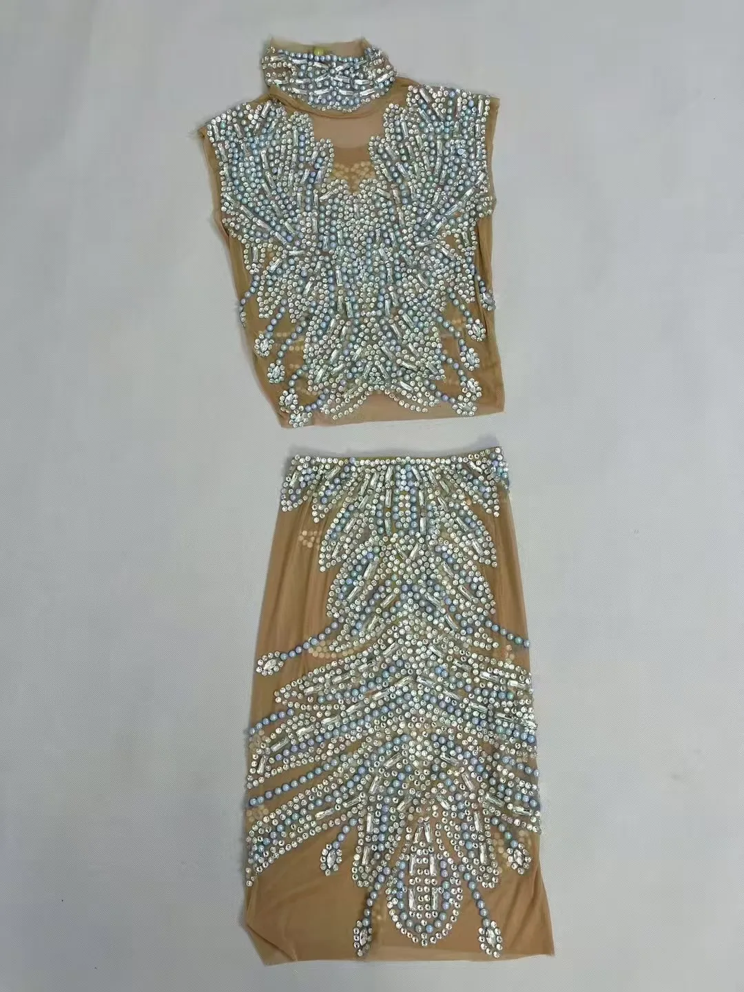 เงาไข่มุก Rhinestones แยกชุดตาข่ายชุดราตรีชุดวันเกิดฉลองชุดนักร้องประสิทธิภาพถ่ายภาพชุด