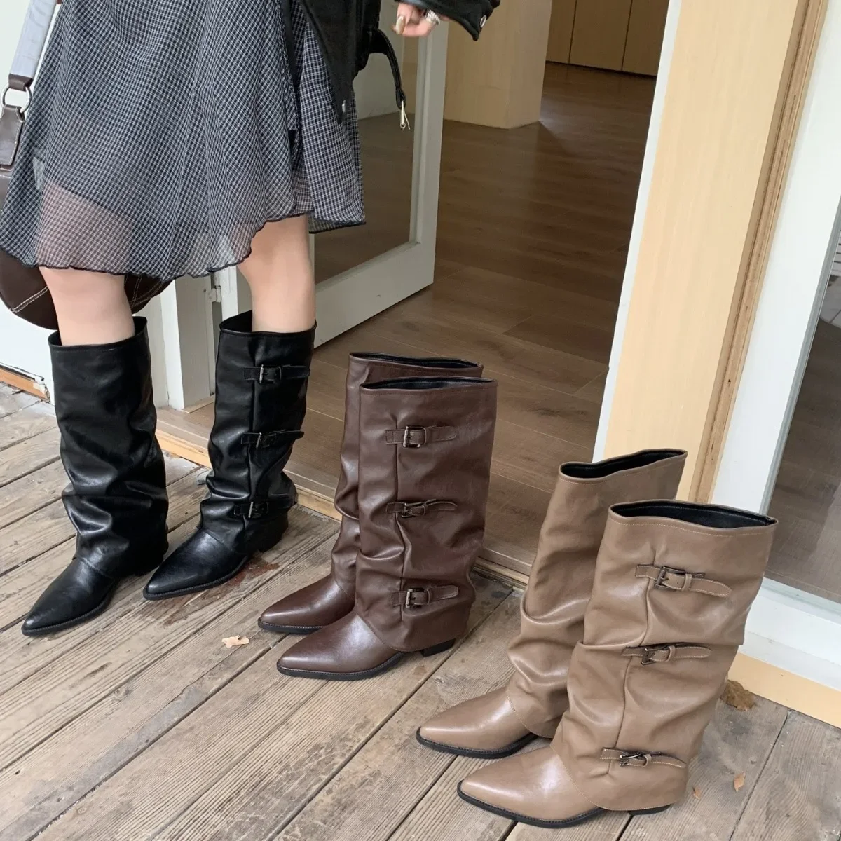 

Retro Style Women Knee High Boots Fashion Belt Buckle Shoes Autumn Winter Wedges Heel Women's Knight Long Booties