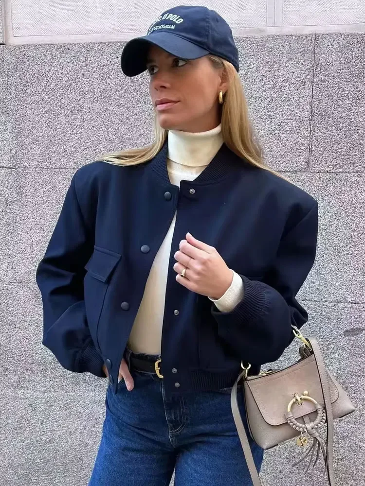 Fmxirex New Women Fashion With Pockets Bomber Jacket Coats Vintage Long Sleeve Front Button Casual Female Outerwear Chic Tops