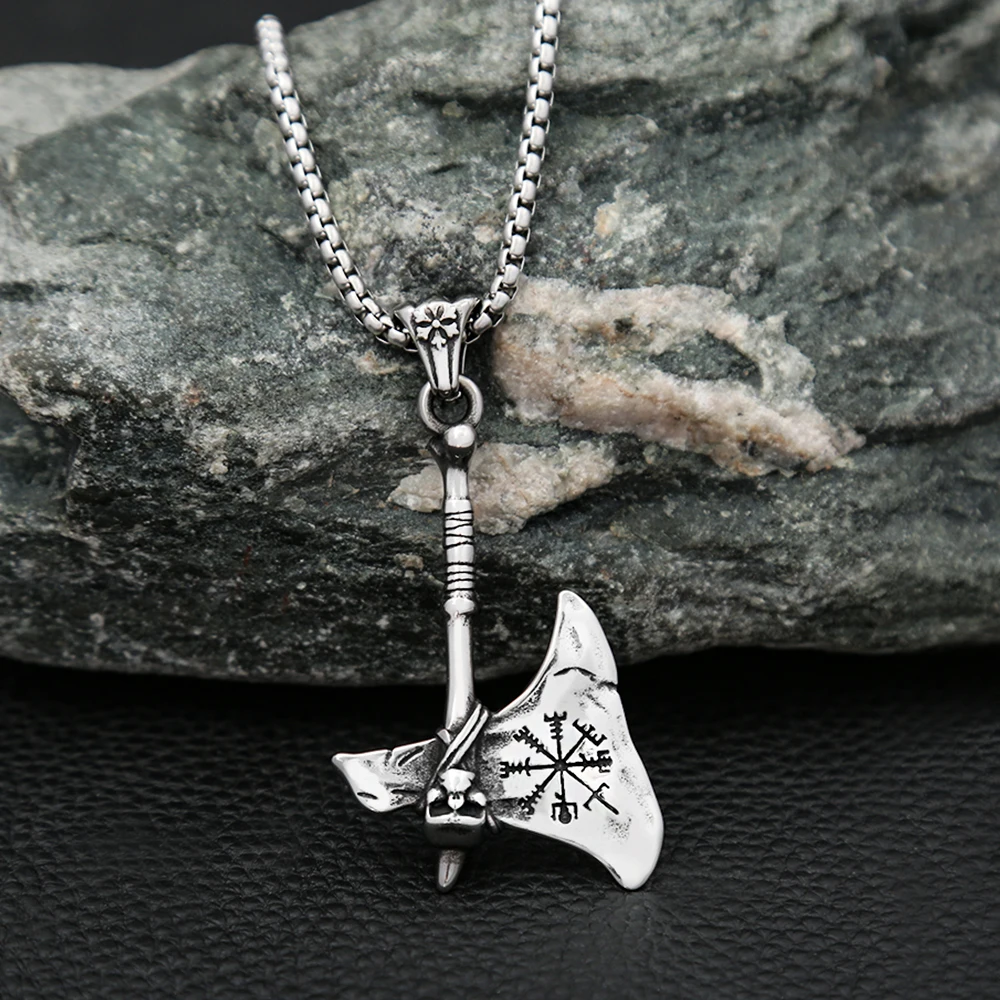 Vintage Viking Warrior Axe Vegvisir Helm of Awe Pendant Necklace For Men Stainless Steel Nordic Amulet Jewelry Gift Dropshipping