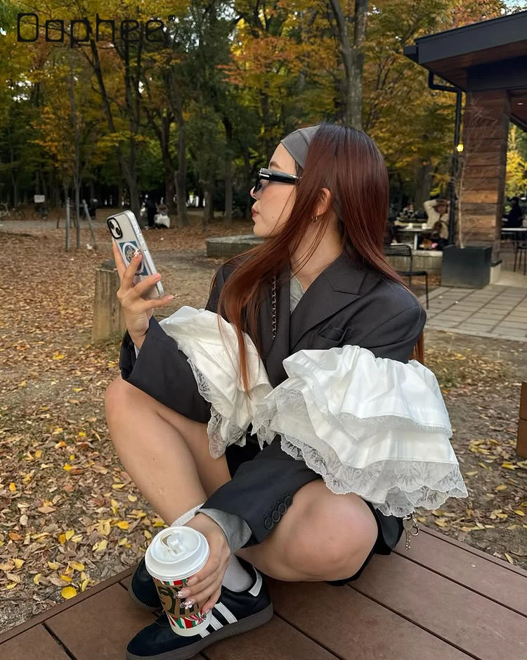 Fashion Pleated Lotus Leaf Splicing Long-sleeved Loose Double-breasted Lapel Blazers Japanese Commuter Style Mid-length Blazers