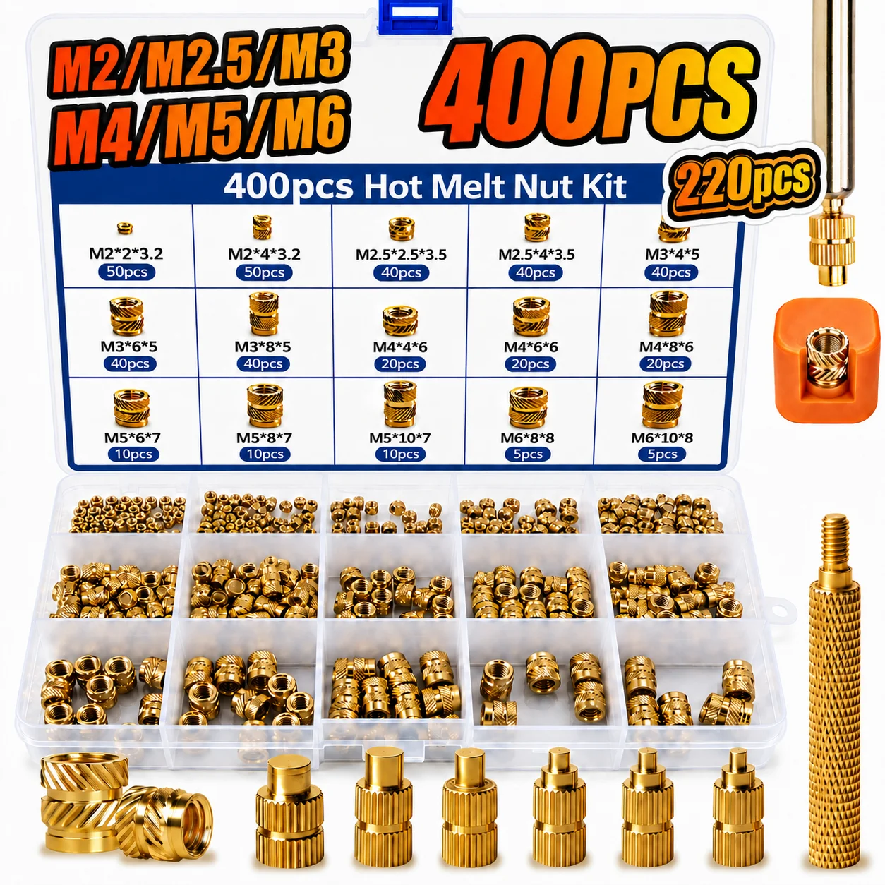 400PCS Brass Heat Set Inserts M2 M2.5 M3 M4 M5 M6 Knurled Threaded Nuts for 3D Printing with Installation Tools Welding Tips Kit