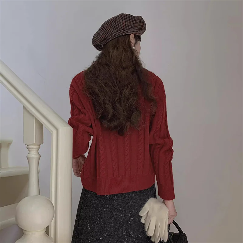 Damen Herbst Winter Strickpullover Anti-Pilling Long Sve Round Ne Regular Fit Big Wolf Design Bequemer weicher Stoff