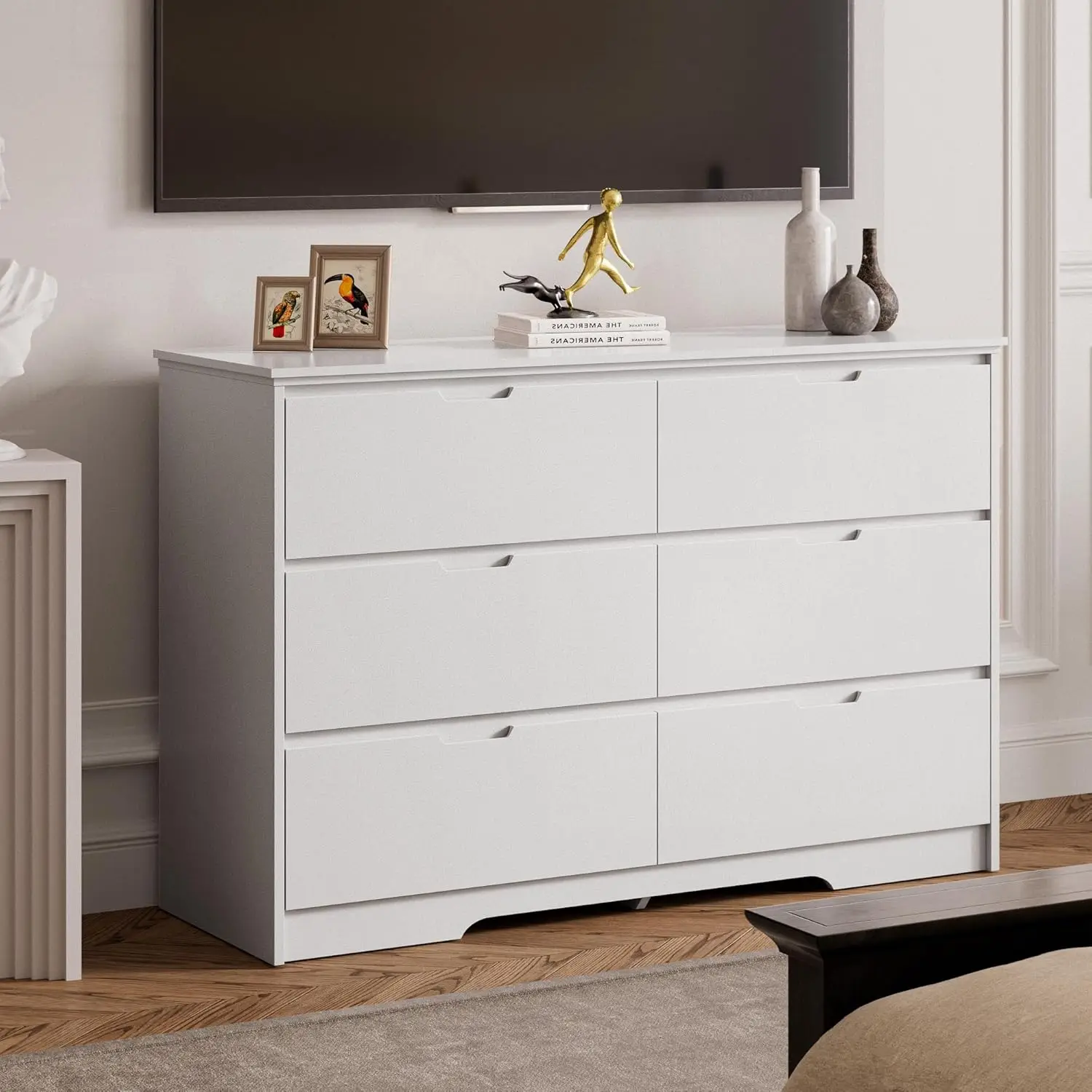 6-Drawer White Dresser, Modern Wood Chest with Hidden Handles, Deep Drawer Storage for Bedroom, Hallway