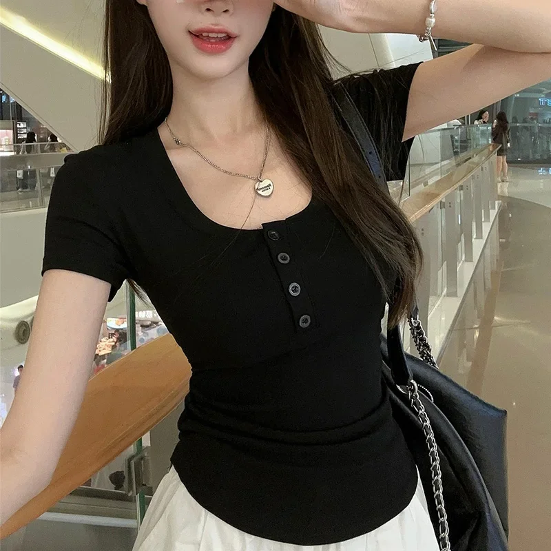 Summer Women Sweet Soft Cotton Clothes Lady Ruched Slim Fit 2024 Designer Tops Female Versatile Button Short Sleeved T-shirts