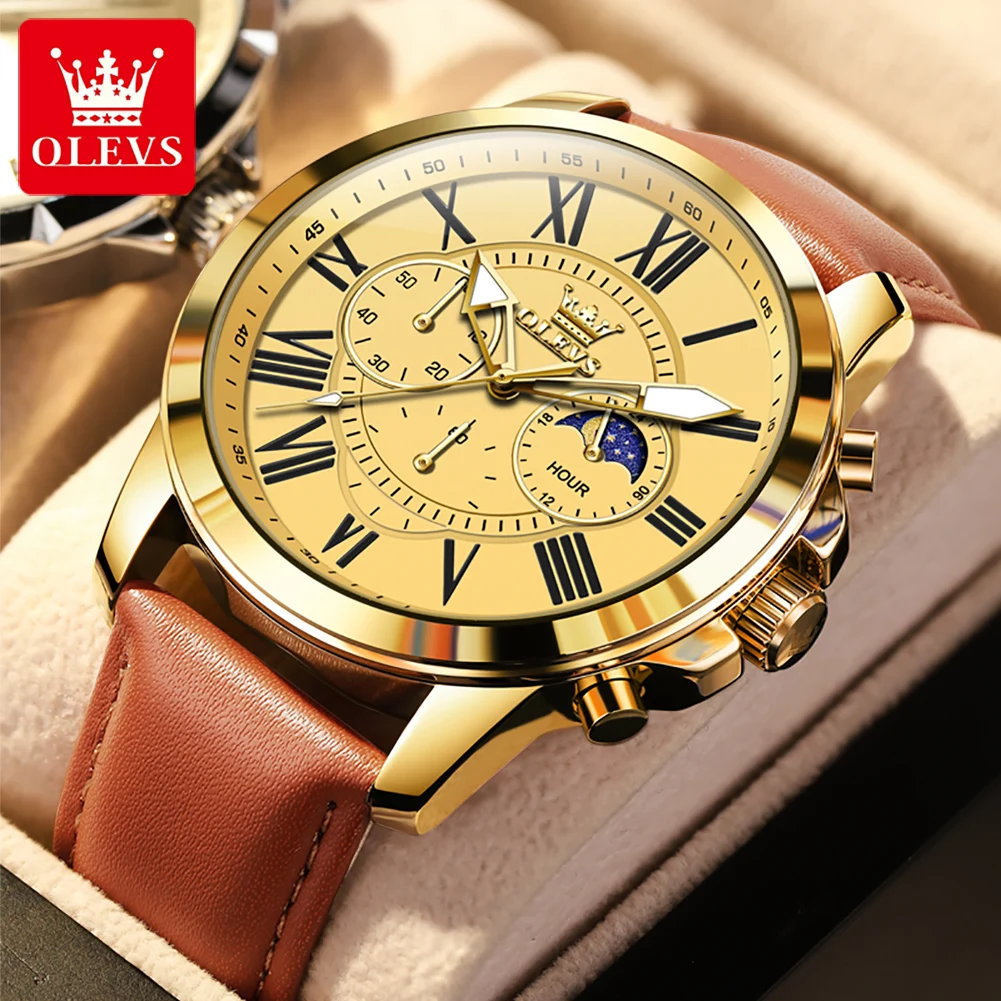 OLEVS 3632 Sport-Quarz-Armbanduhr für Herren, Mondphase, leuchtendes, wasserdichtes Lederarmband, Original-Chronograph-Herrenuhr