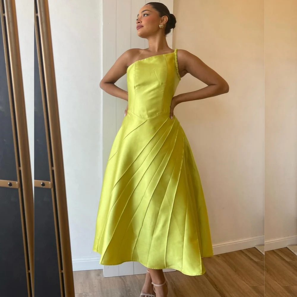

Customized High Quality Charmeuse Pleat A-line One-shoulder Midi Dresses Bespoke Occasion Exquisite Matching