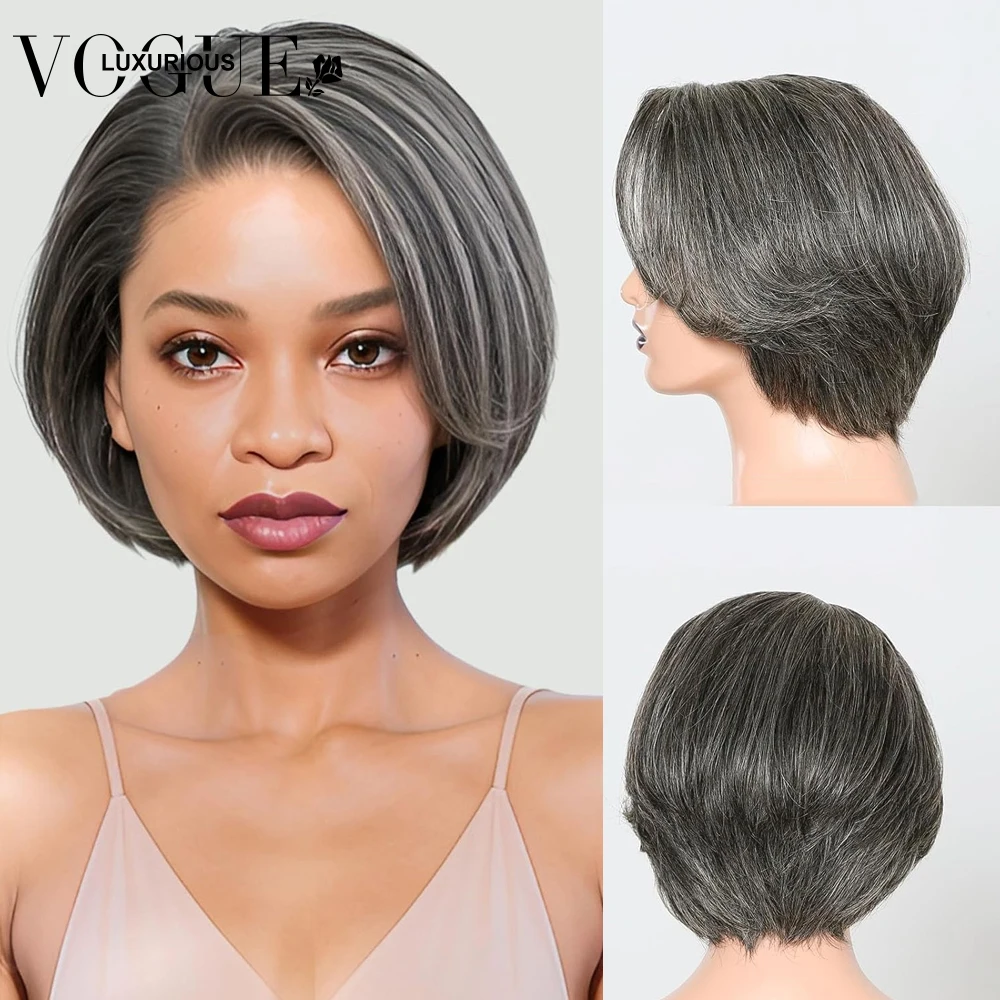 Straight Short Bob Pixie Cut Highlight Salt Pepper 4X4 5X5 Closure Lace Human Hair Wigs Glueless Brazilian Wig Pre Plucked