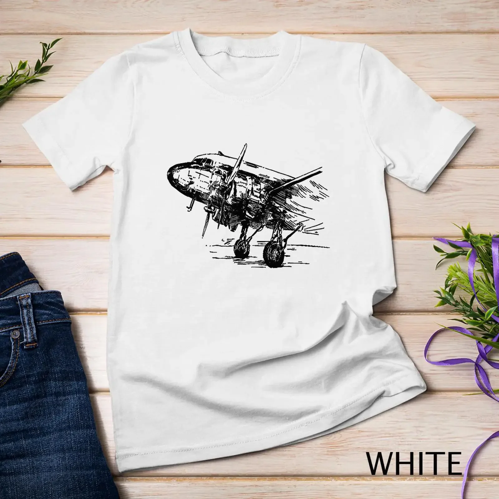May include White t shirt with a black and illustration of vintage airplane vintage Washed Stretched Breathable Stylish Unisex