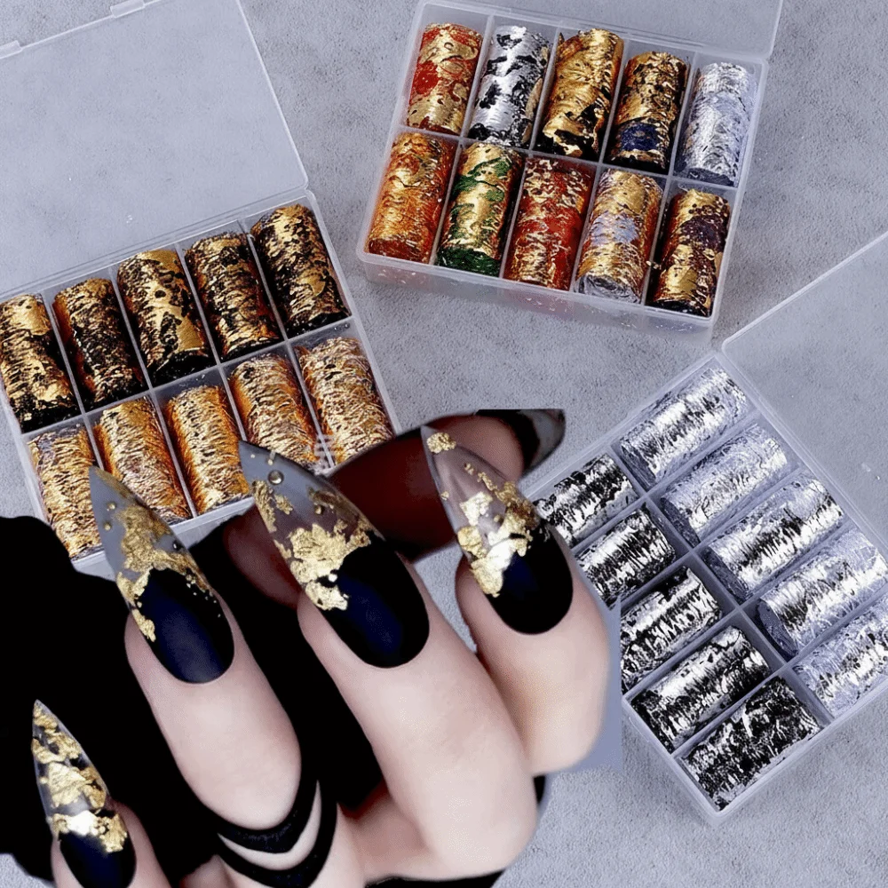 New 10Roll/Box Nail Sticker Decals Gold Silver Floral Chameleon 3D Mesh Line 3D Nail Art Decorations for DIY Design