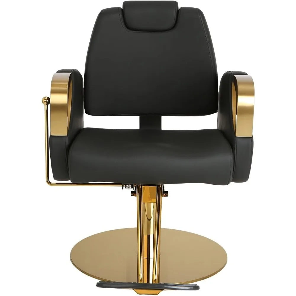 All Purpose Reclining Styling Chair for Professional Salons with Brushed Gold Armrests, Matching Gold Hydraulic Base & Pump