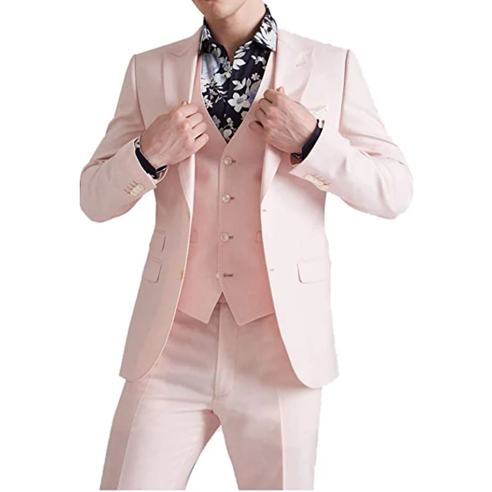 

Summer Pink Suits Groom Wear Slim Fit Business Casual Suit For Men Peak Lapel 3 Piece (Blazer+Vest+Pants) Costume Homme