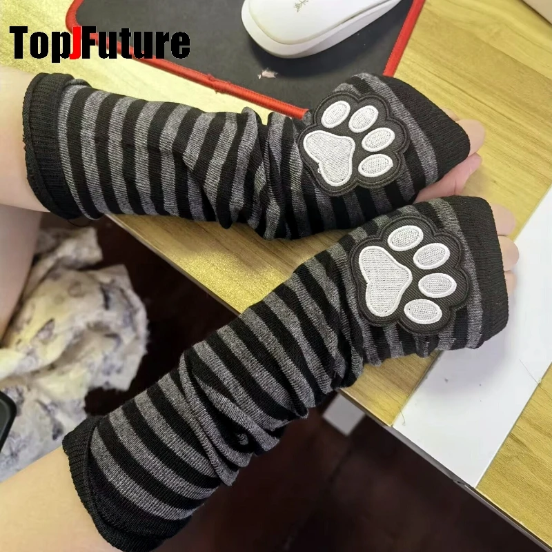 Kobiety Mężczyźni Gothic Lolita Glove Arm Cover Harajuku ocieplacze na ramię Cat's paw Fingerless punk Long Wristband Y2K Girl gloves