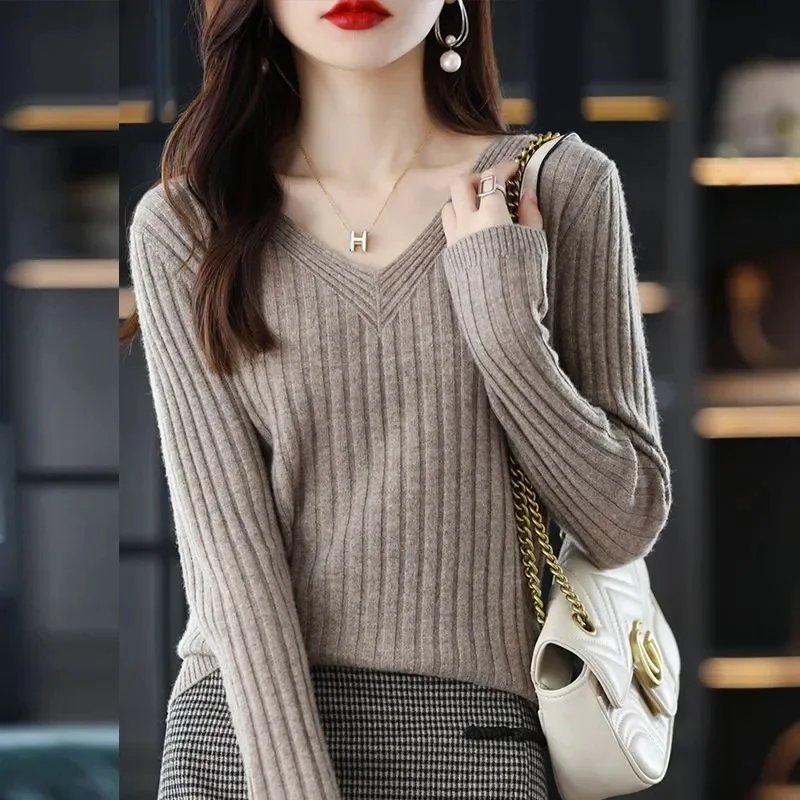 

Женский свитер с v-образным вырезом, осенне-зимний базовый пуловер, теплые повседневные джемперы, корейская мода, весенний трикотаж, нижняя рубашка
