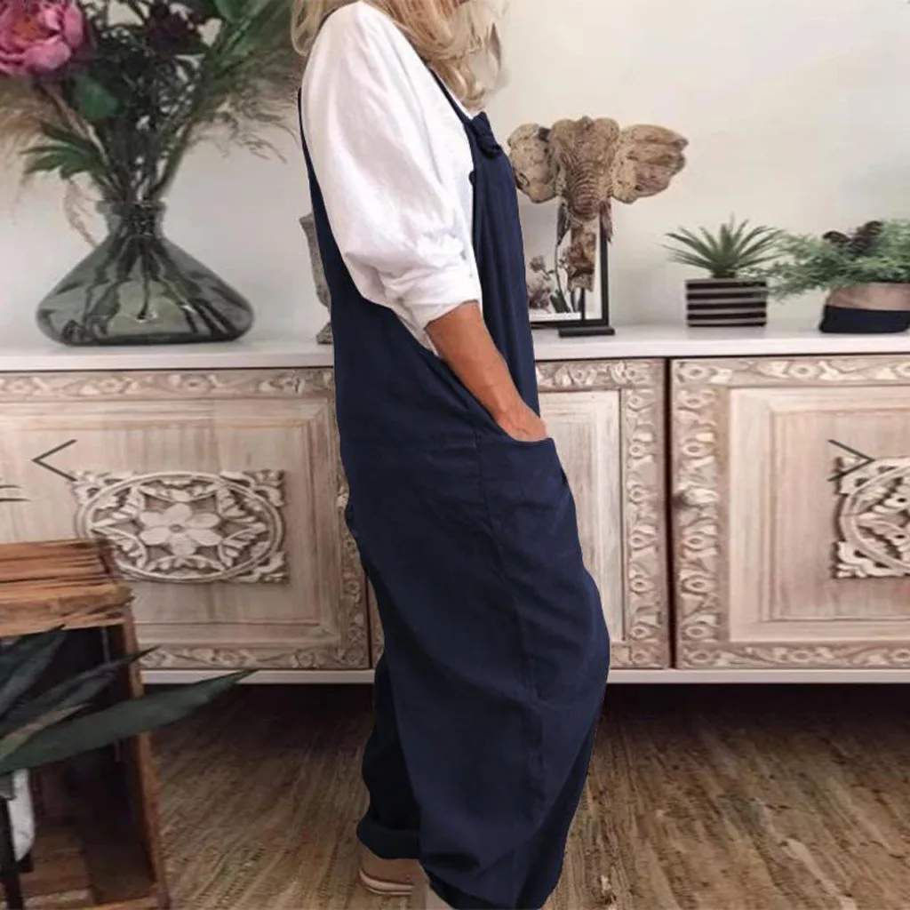 Solid Color Women Loose Knot Tie Cotton Linen Jumpsuit Sleeveless Harem Overalls Jumpsuits Body Vintage Pants Femme Clothes