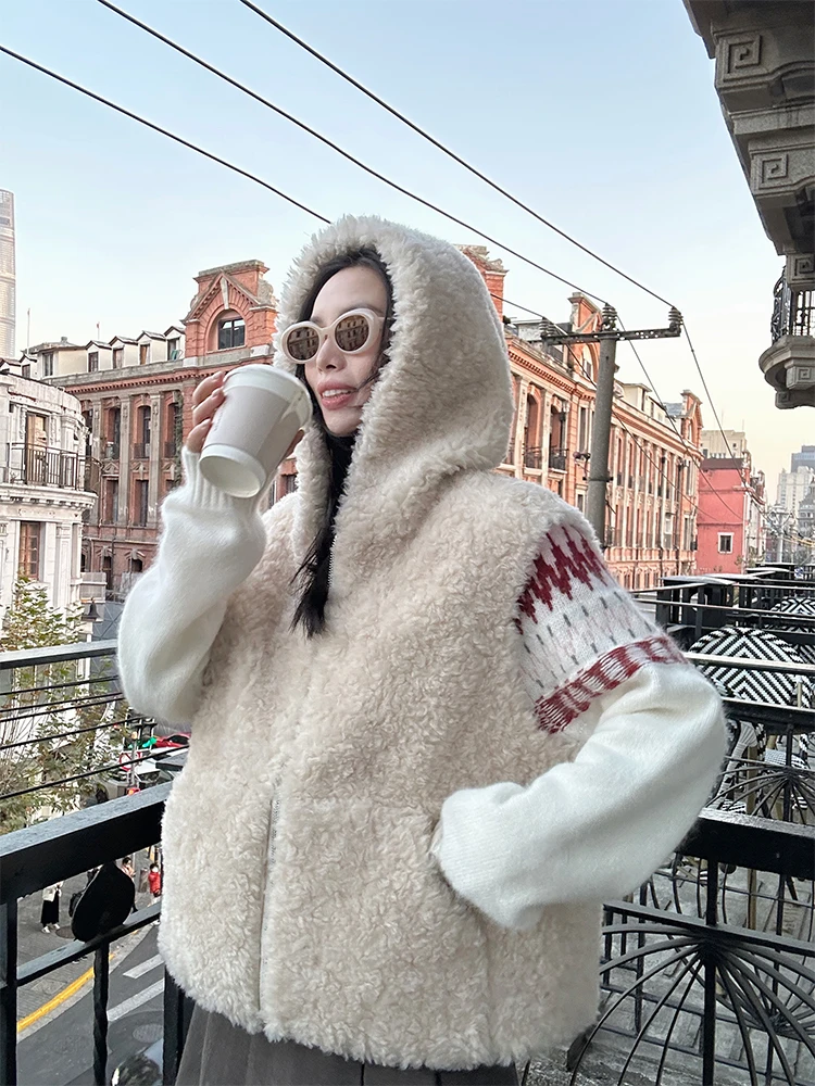 

Золотой Su 00 шерстяной жилет с капюшоном из овечьего меха, повседневная теплая хлопковая куртка, верхняя одежда, корейская одежда для поездок на работу, Thiened, застежка-молния