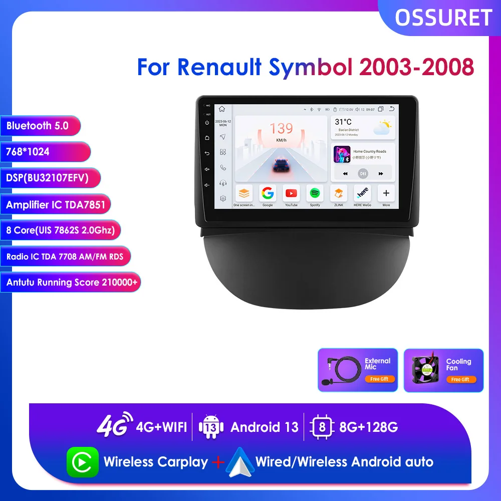 Для Renault символ 2003-2008 с GPS-навигацией, радио, видео, автомобильный стерео мультимедийный плеер, поддержка беспроводного Carplay Android Auto