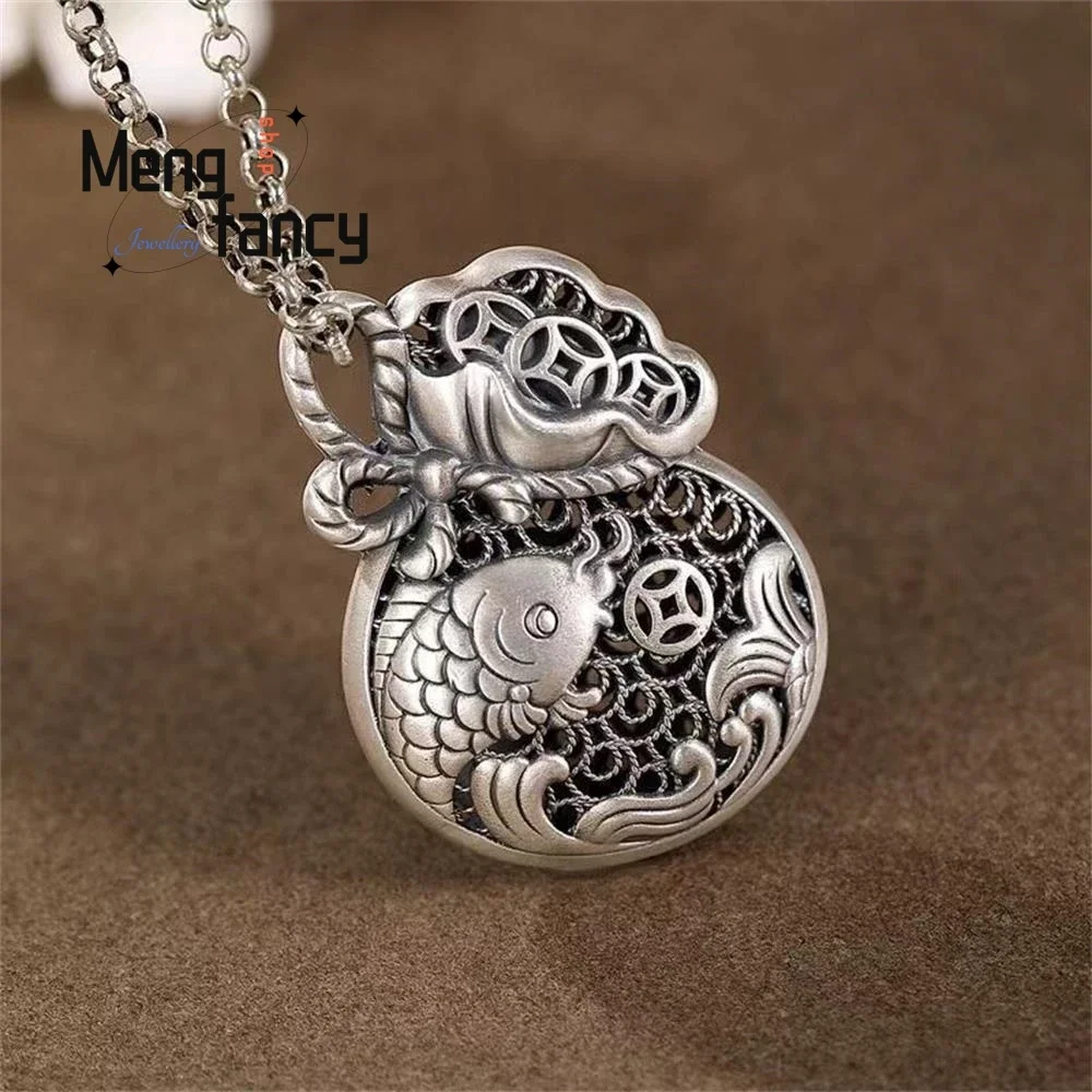 

Sterling Silver Necklace Vintage Palace Carp Lucky Bag Pendant Openwork Filigree Ethnic Style Exquisite Fashion Jewelry Mascots