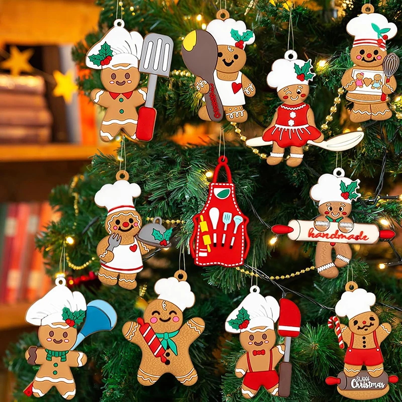 12Pcs Christmas Wooden Pendants Gingerbread Man Xmas Tree Hanging Ornaments Home Party Christmas Decor Navidad New Year Gifts