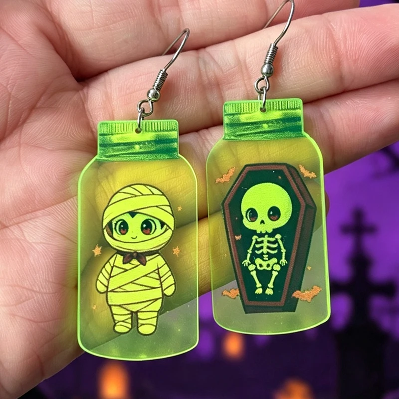 New Halloween Green Acrylic Fluorescent Bottle Ghost Pumpkin Coffee Cup Earrings Skeleton Mummy Stainless Steel Ear Hook Earring