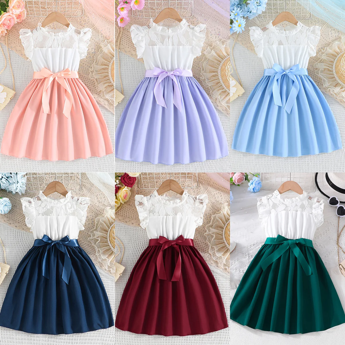 

4-7 Years Children Baby Girls Elegant Formal Prom Dress Princess Sleeveless Belt Dress Patchwork Birthday Dresses Party Clothing