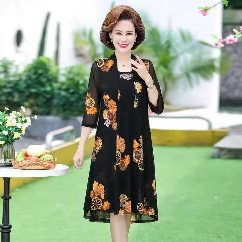 2024 Mother\'s Dress Two-Piece Middle-Aged Elderly Size 4XL Summer Wide Wife Fashion Temperament Age-Reducing Mid-Length Skirt