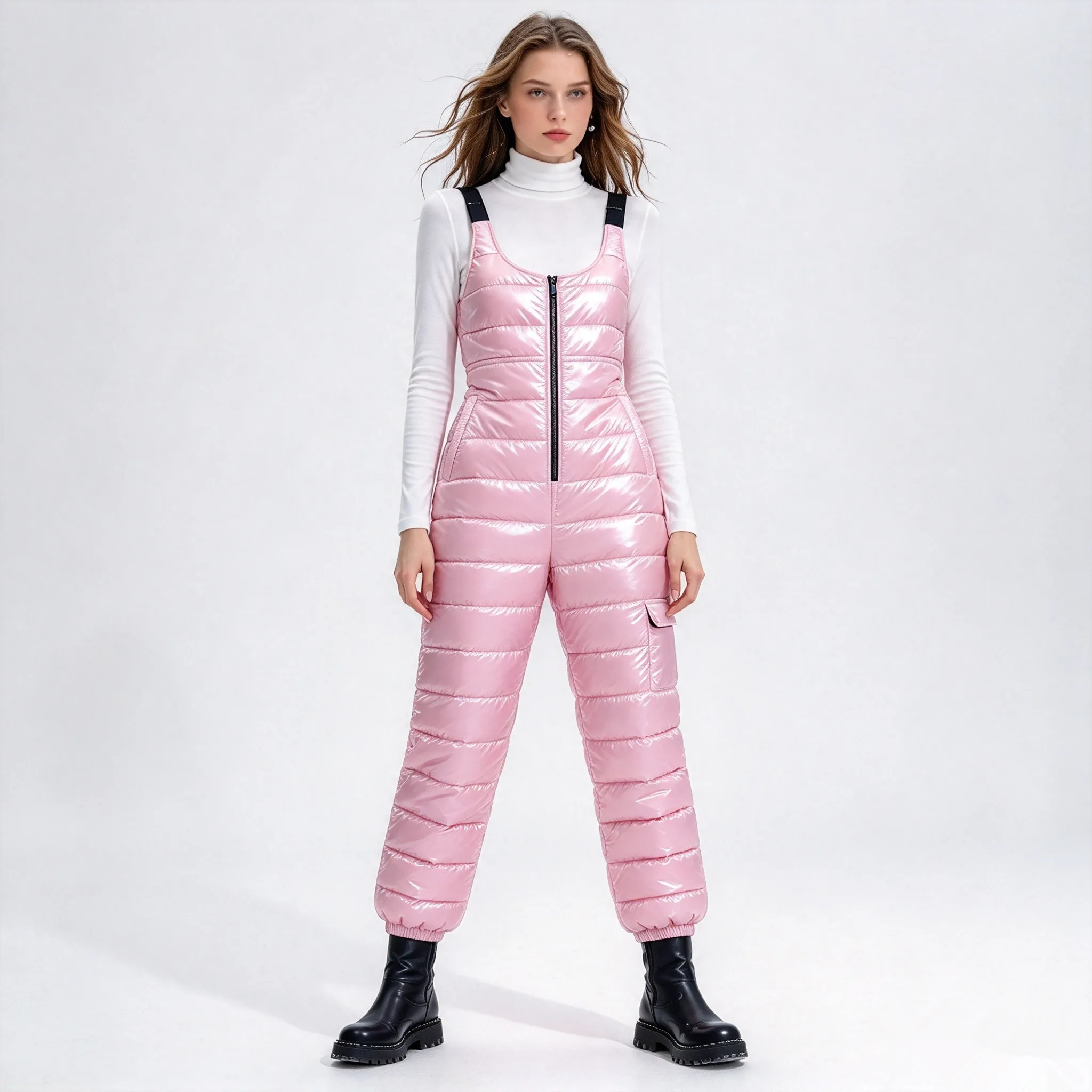 Women Waterproof Quilted Puffer Bib Overalls with Pockets Elastic Straps Zipper Jumpsuit Skiing Snowboard Ice Skating Costume